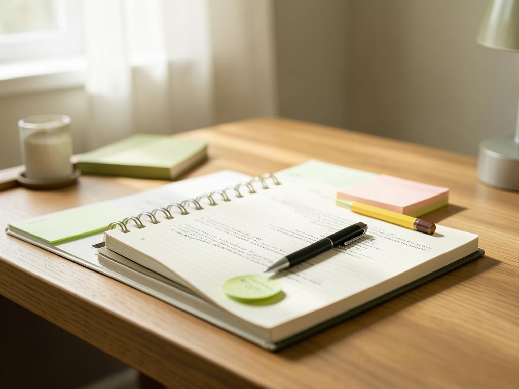 An organized desk with a planner, notes and pen