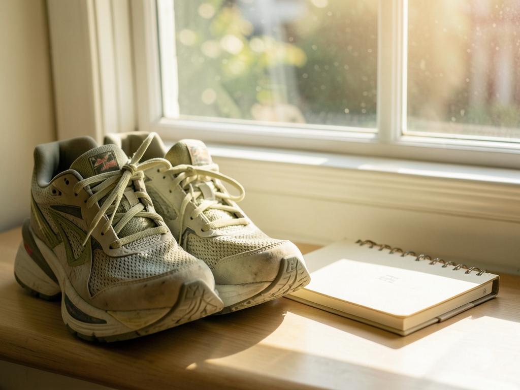 Running shoes and a notebook on a sunlit windowsill