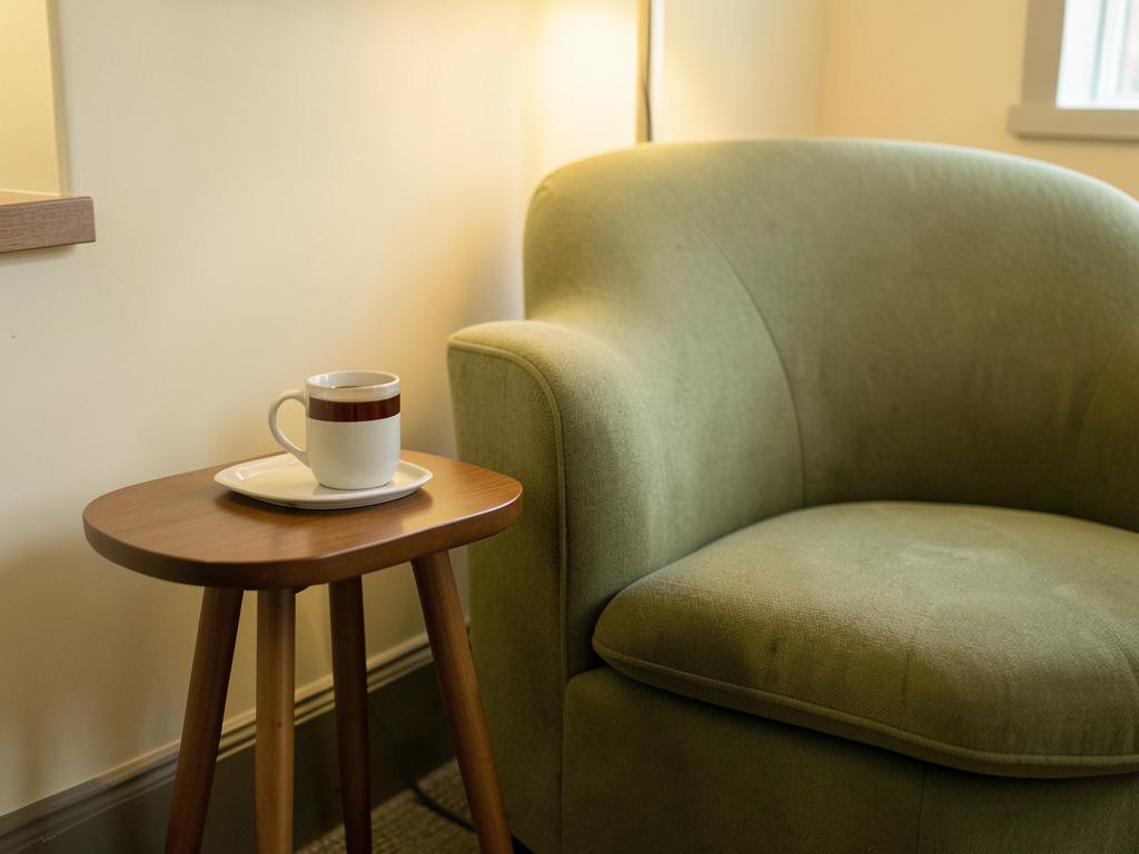 A cup of tea on a side table beside a welcoming armchair