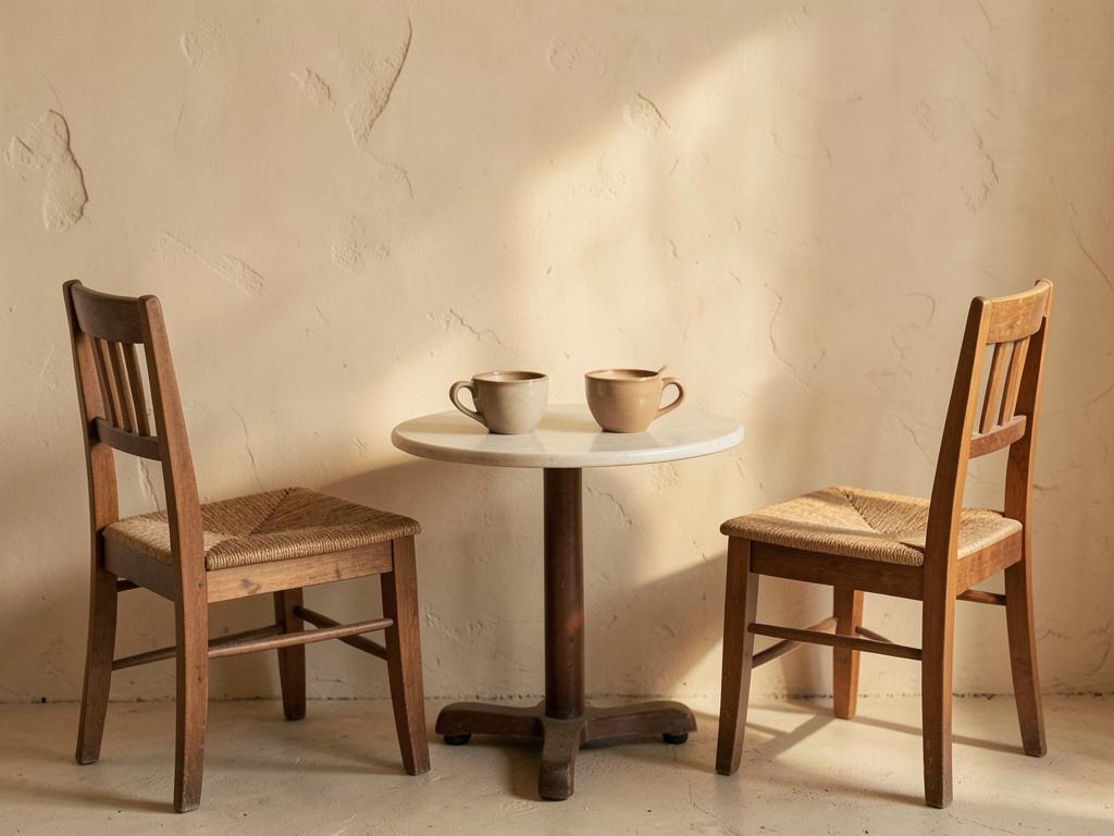 Two chairs facing each other across a small table with two cups