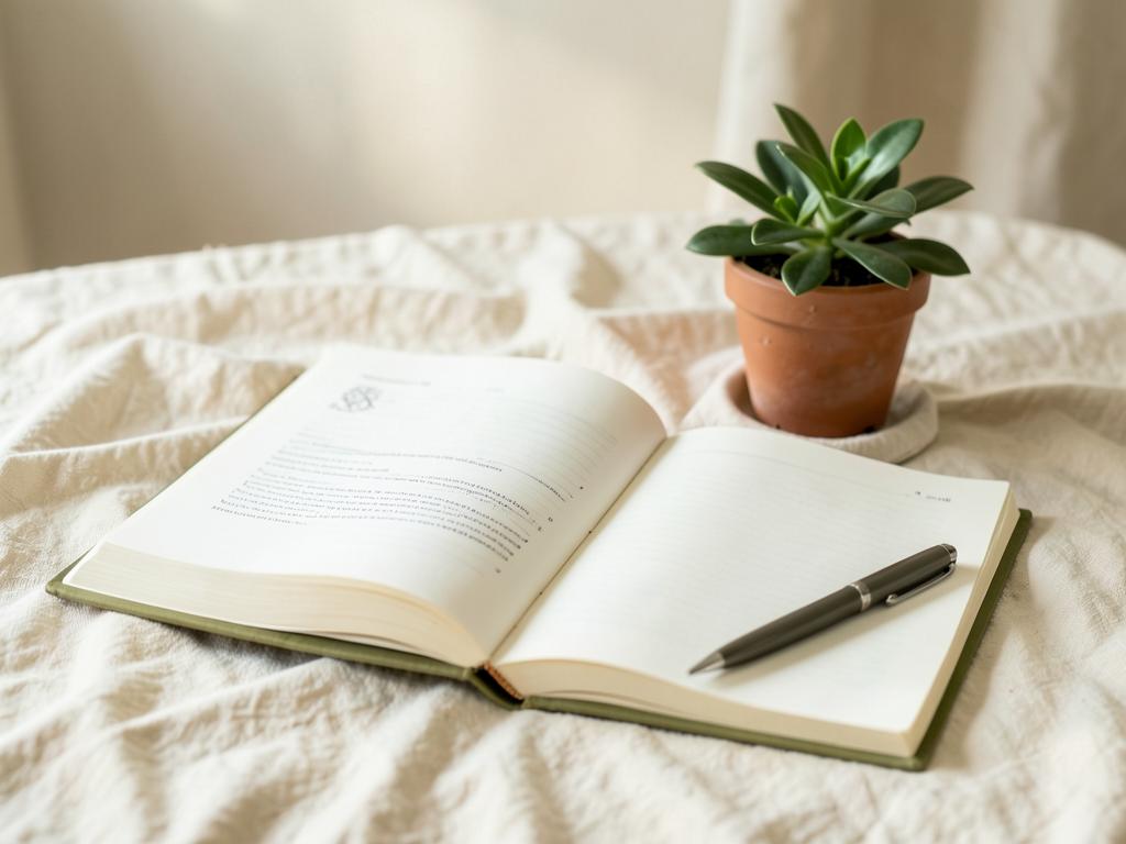 An open journal and pen beside a small potted plant