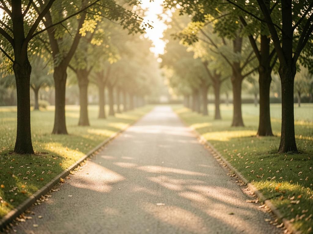 A quiet tree-lined path in warm golden light