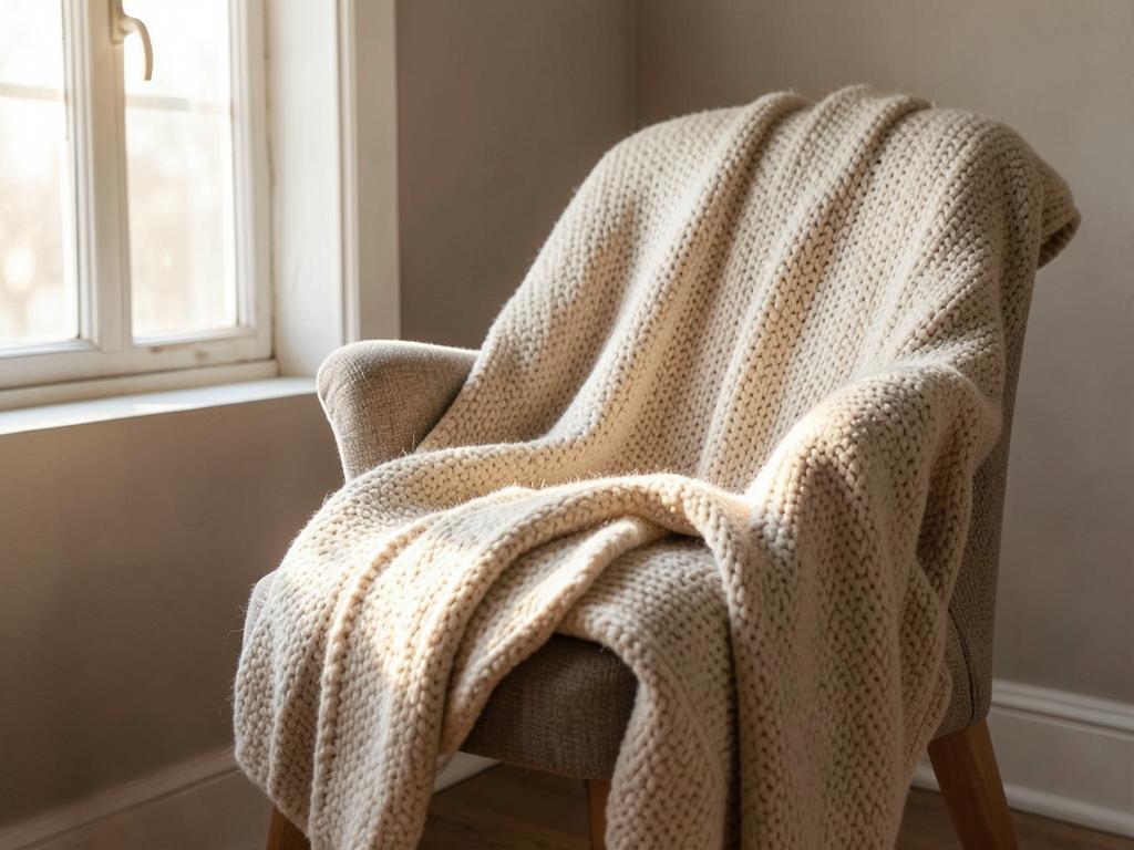 A soft knit blanket over a chair beside a bright window