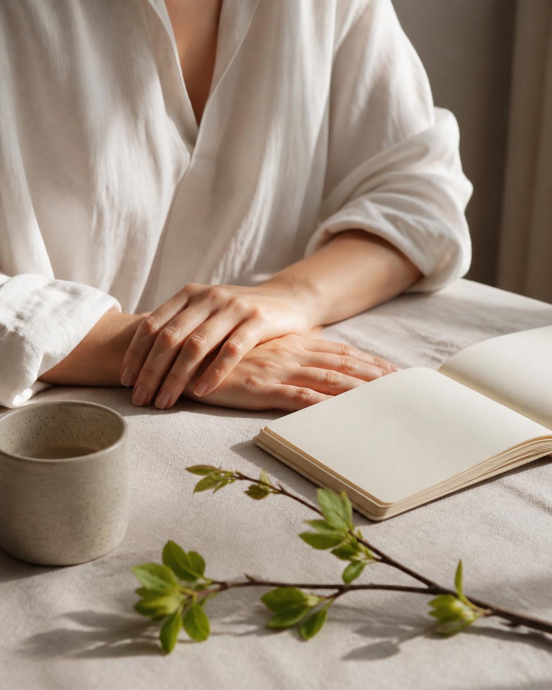A welcoming therapy setting with a journal and fresh leaves