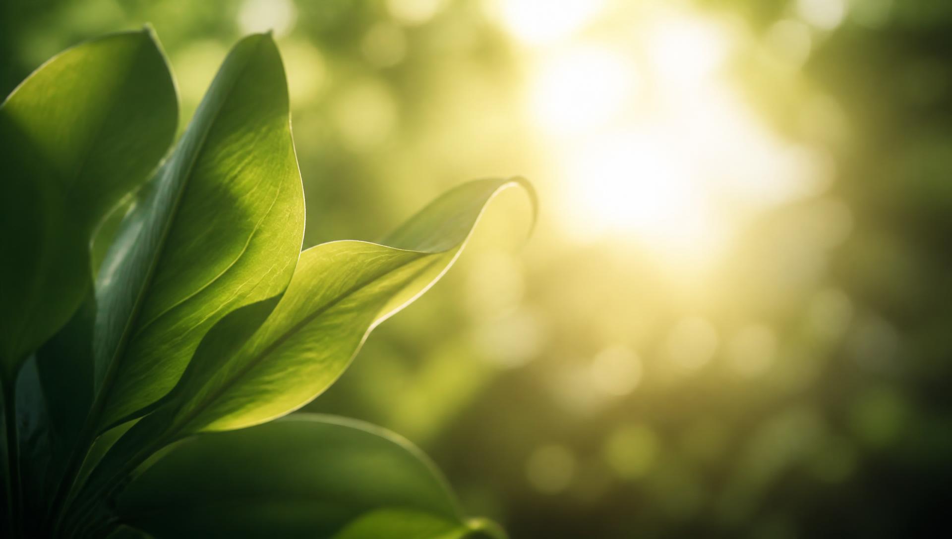 Fresh green leaves unfolding in warm morning light